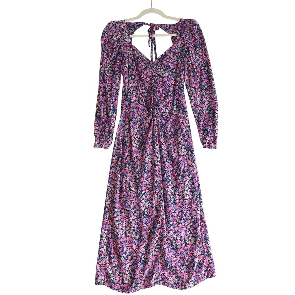 Fame Dress Womens M Pink Floral Ruched Puff Sleeve Midi Boho Cottage Romantic
